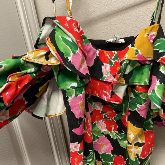 NWT Topshop Floral Bardot Mini Dress Cotton Blend Bold Ruffle Off Shoulder - Picture 5 of 7